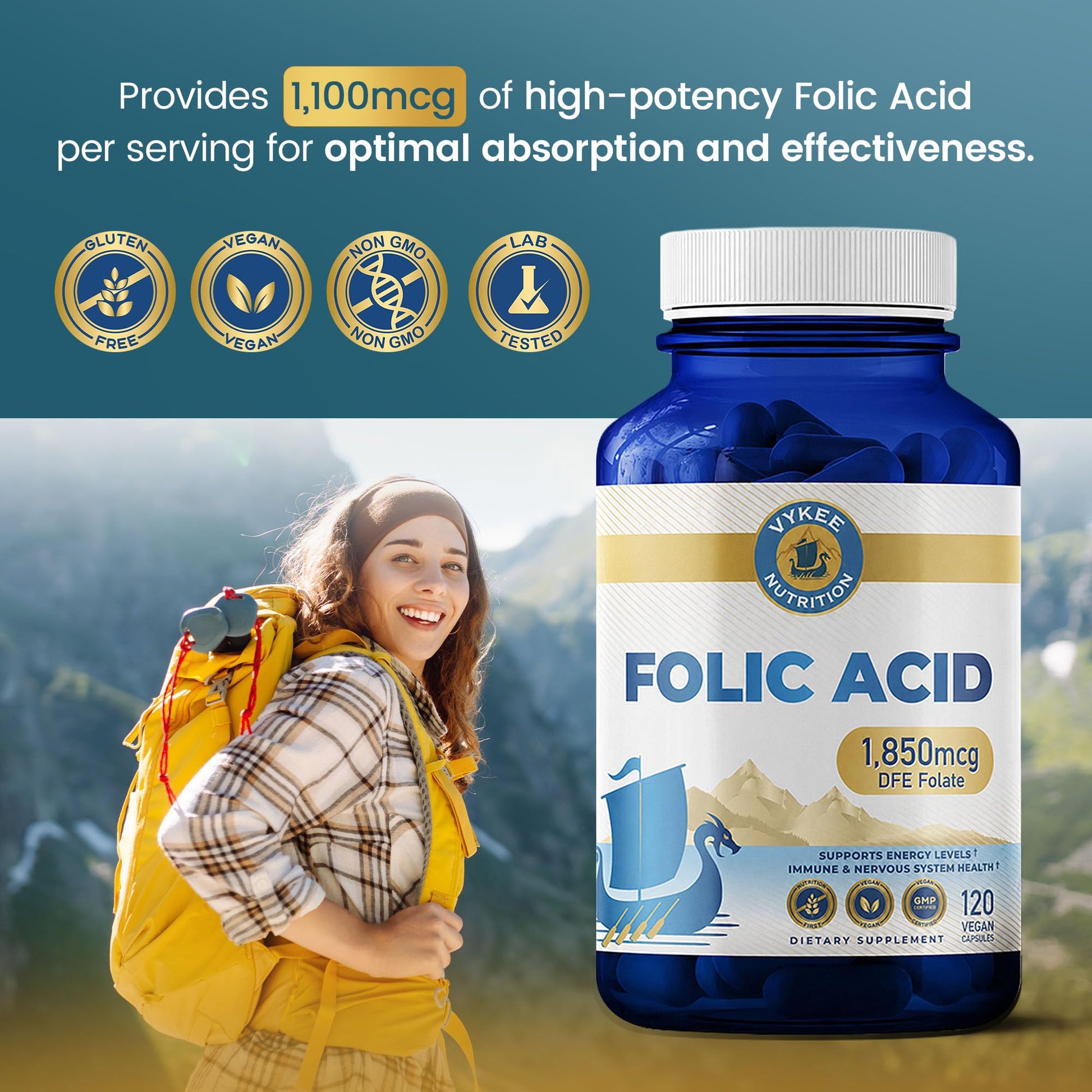 Side layout of Vykee Nutrition Folic Acid showing 120 capsules quantity statement