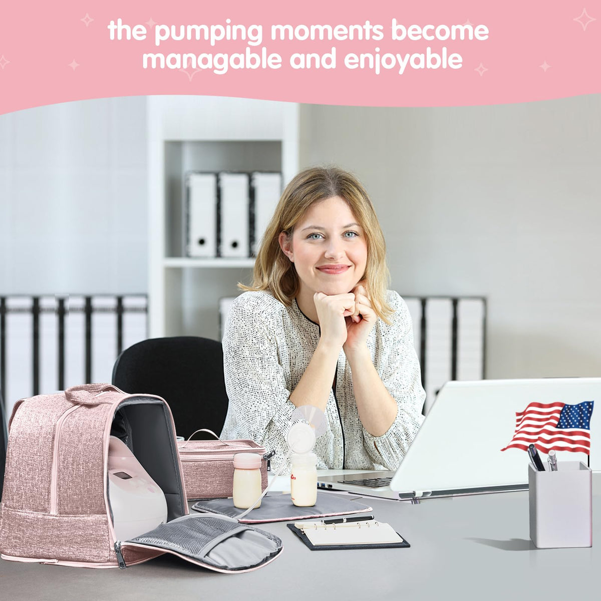 Derjunstar premium breast pump bag side pocket holding personal accessories and water bottles.