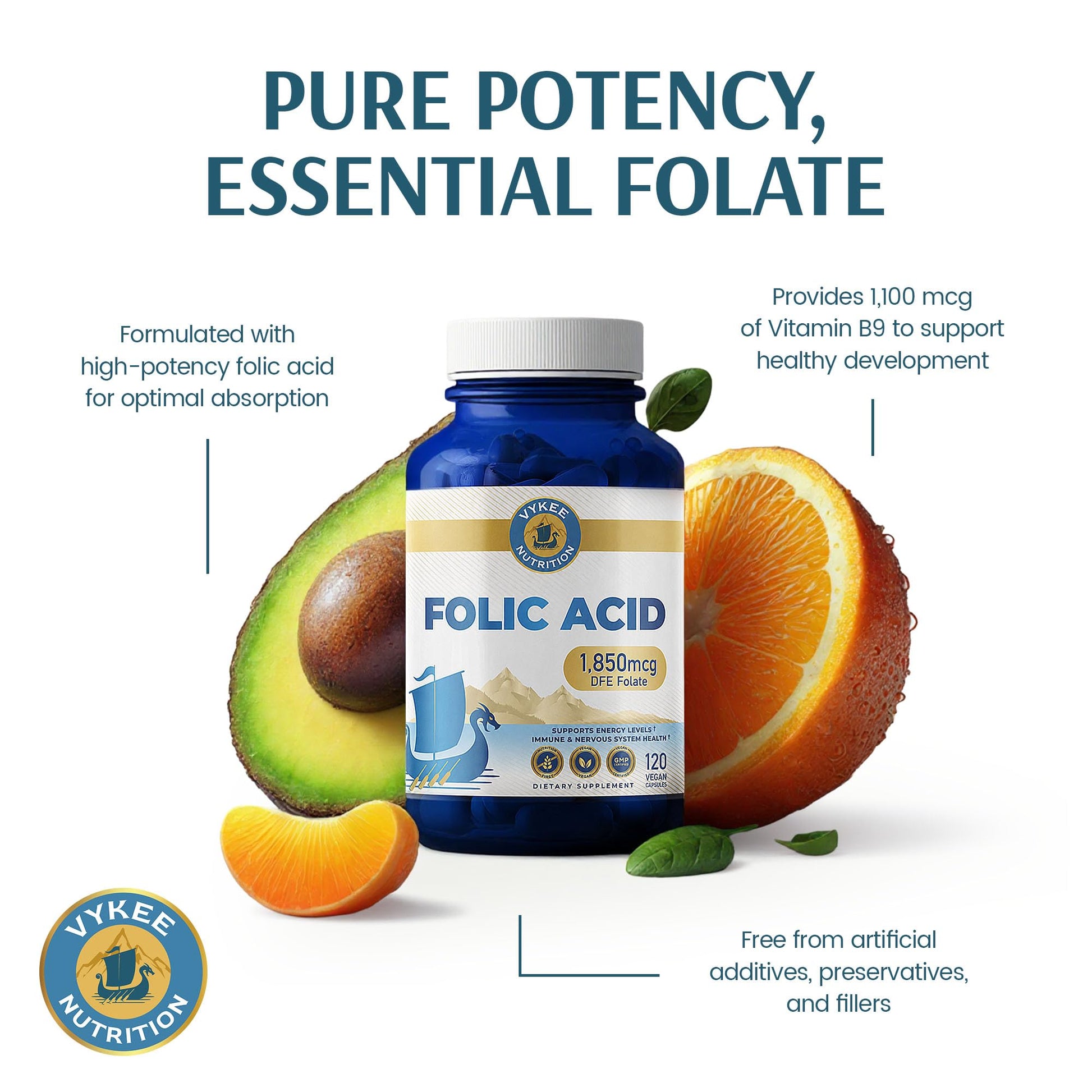 Authentic USA imported Vykee Nutrition Folic Acid premium packaging details