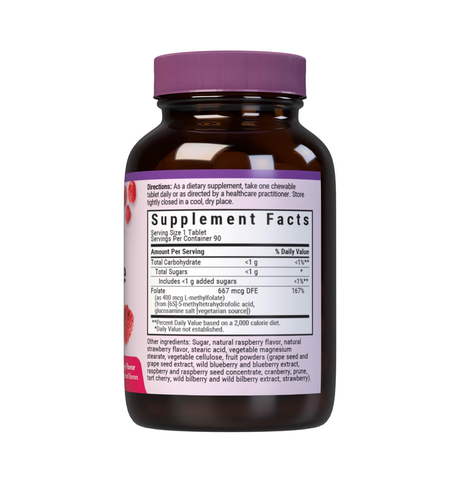 Bluebonnet Nutrition active L-methylfolate prenatal vitamin supplement raspberry flavor details.