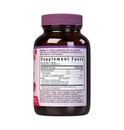 Bluebonnet Nutrition active L-methylfolate prenatal vitamin supplement raspberry flavor details.