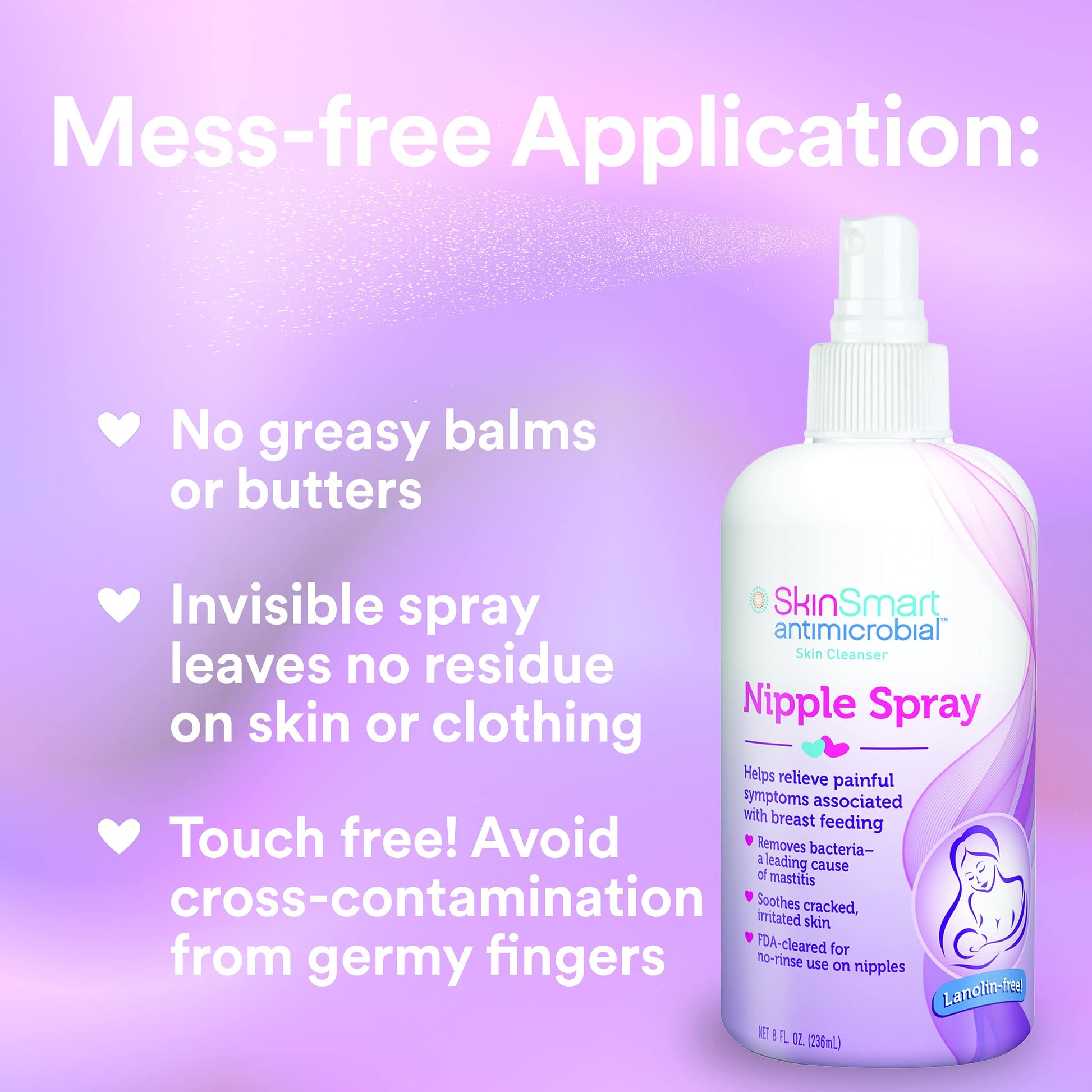 SkinSmart Nipple Relief Spray bottle next to nursing accessories