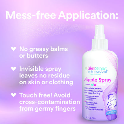 SkinSmart Nipple Relief Spray bottle next to nursing accessories