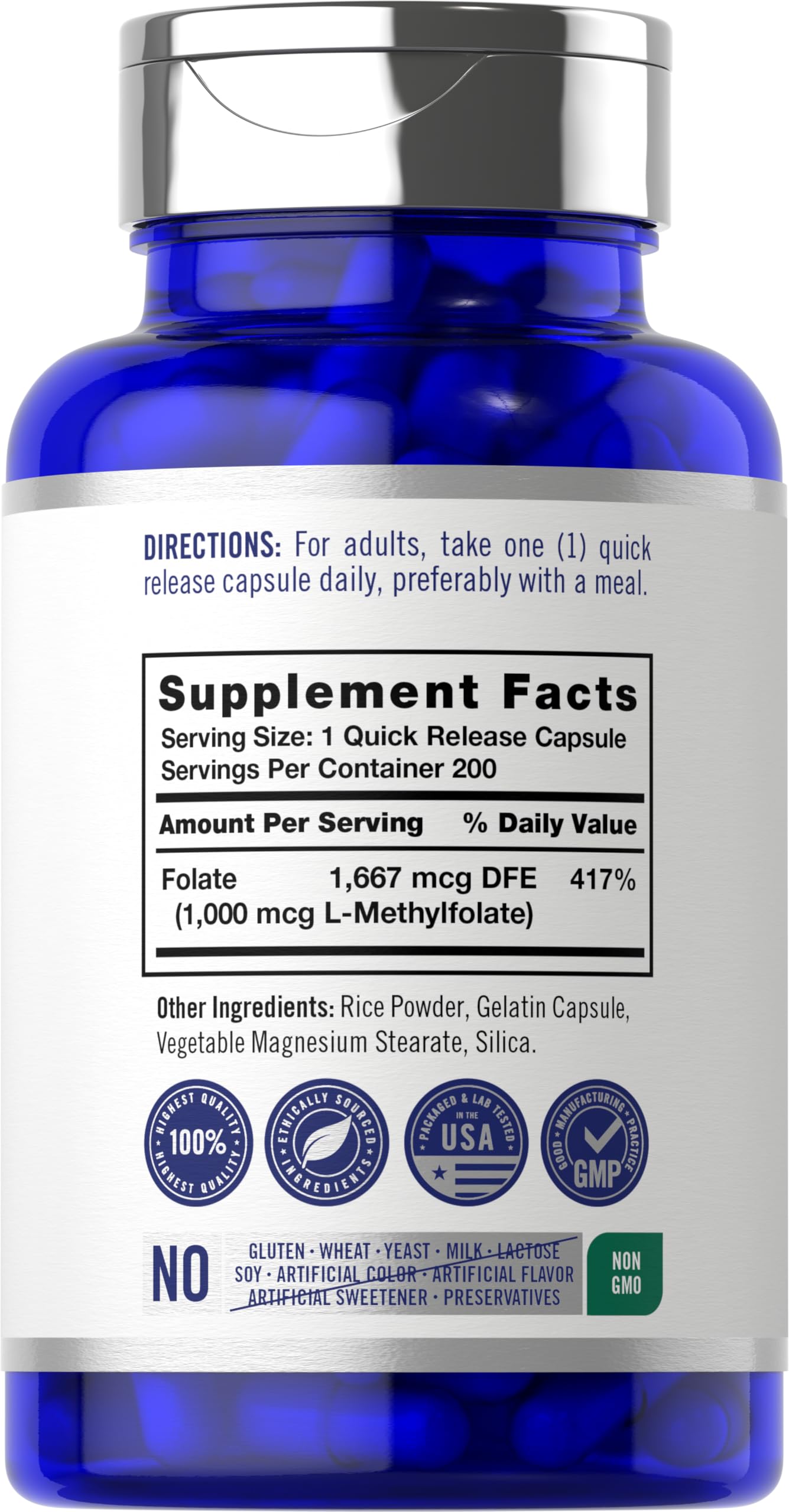 Carlyle active 5 MTHF optimized folate supplement facts label