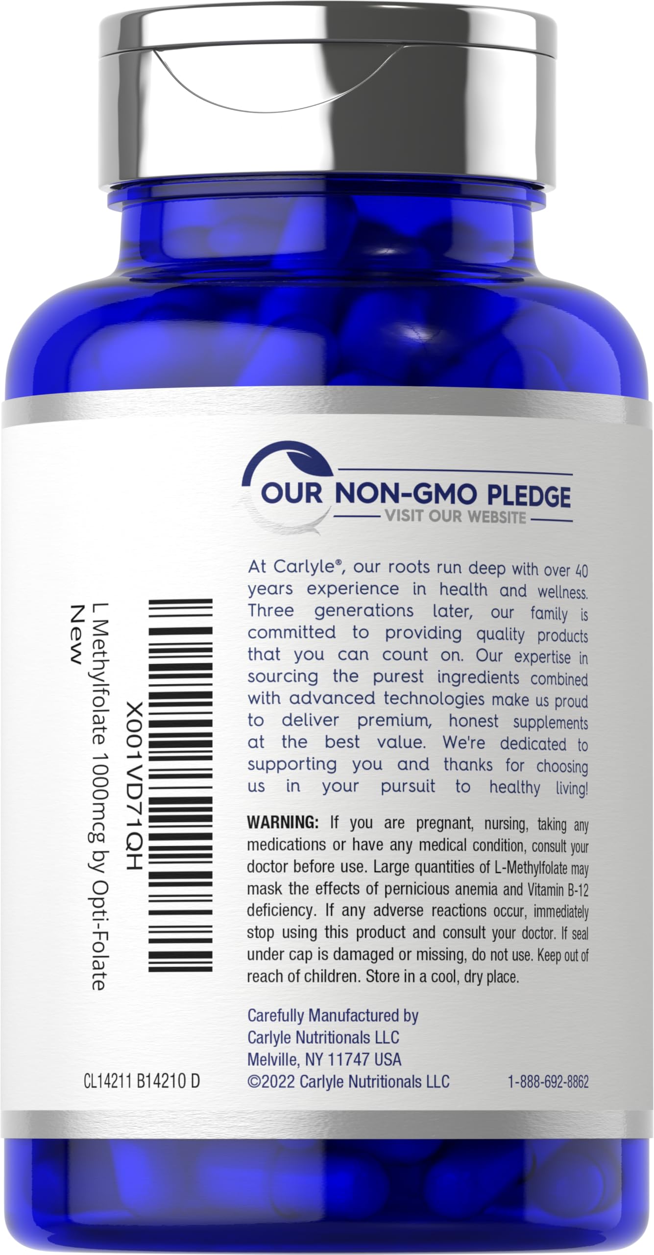 Carlyle non GMO gluten free active folate bottle side view