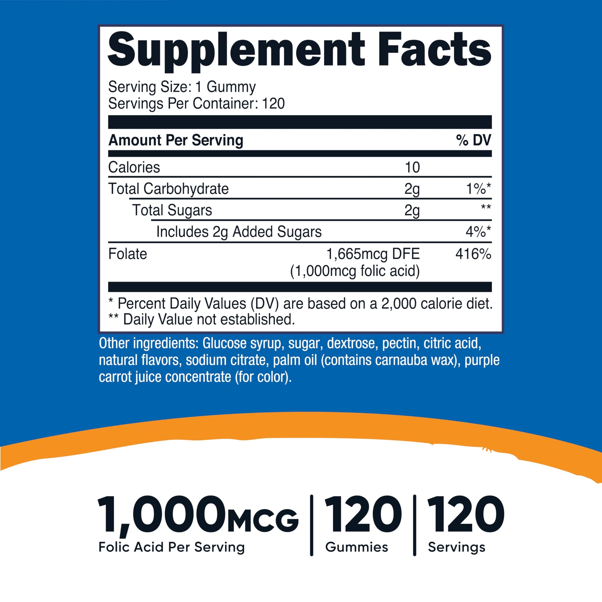 Nutricost Folic Acid 1000mcg supplement label showcasing vegetarian and non-GMO product certifications.