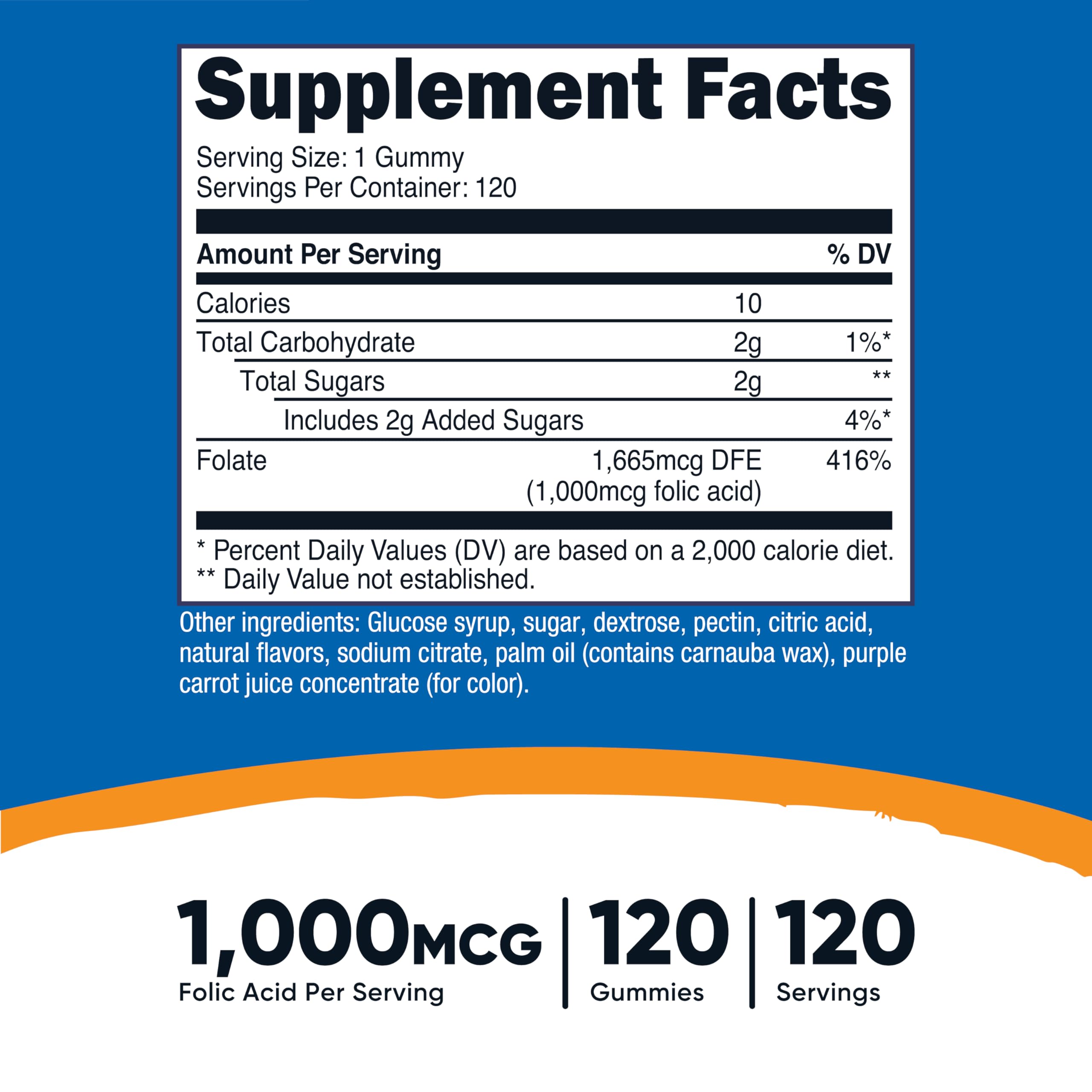 Nutricost Folic Acid 1000mcg supplement label showcasing vegetarian and non-GMO product certifications.