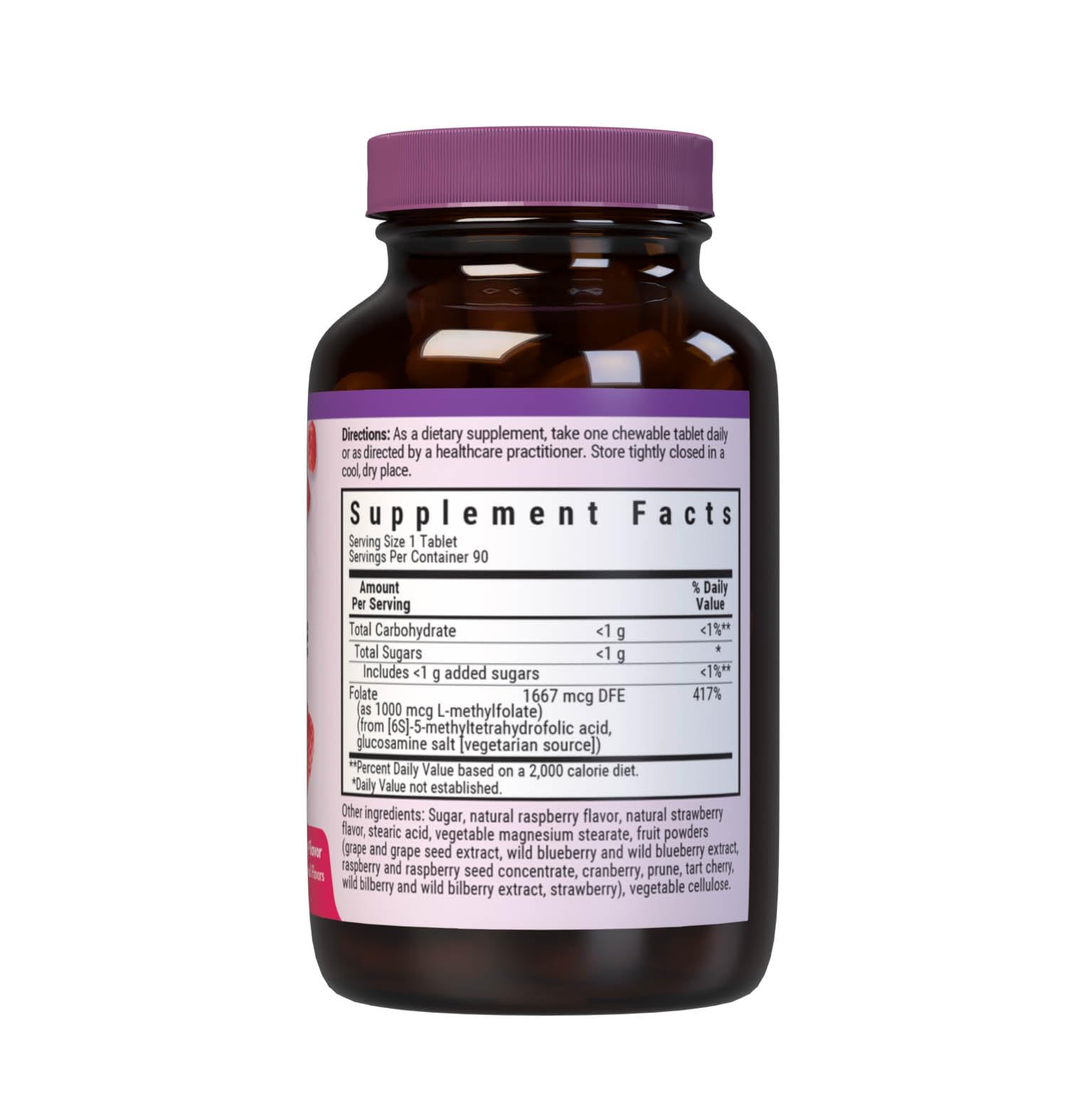 Bluebonnet EarthSweet Cellular Active Methylfolate 90 chewable tablets label view