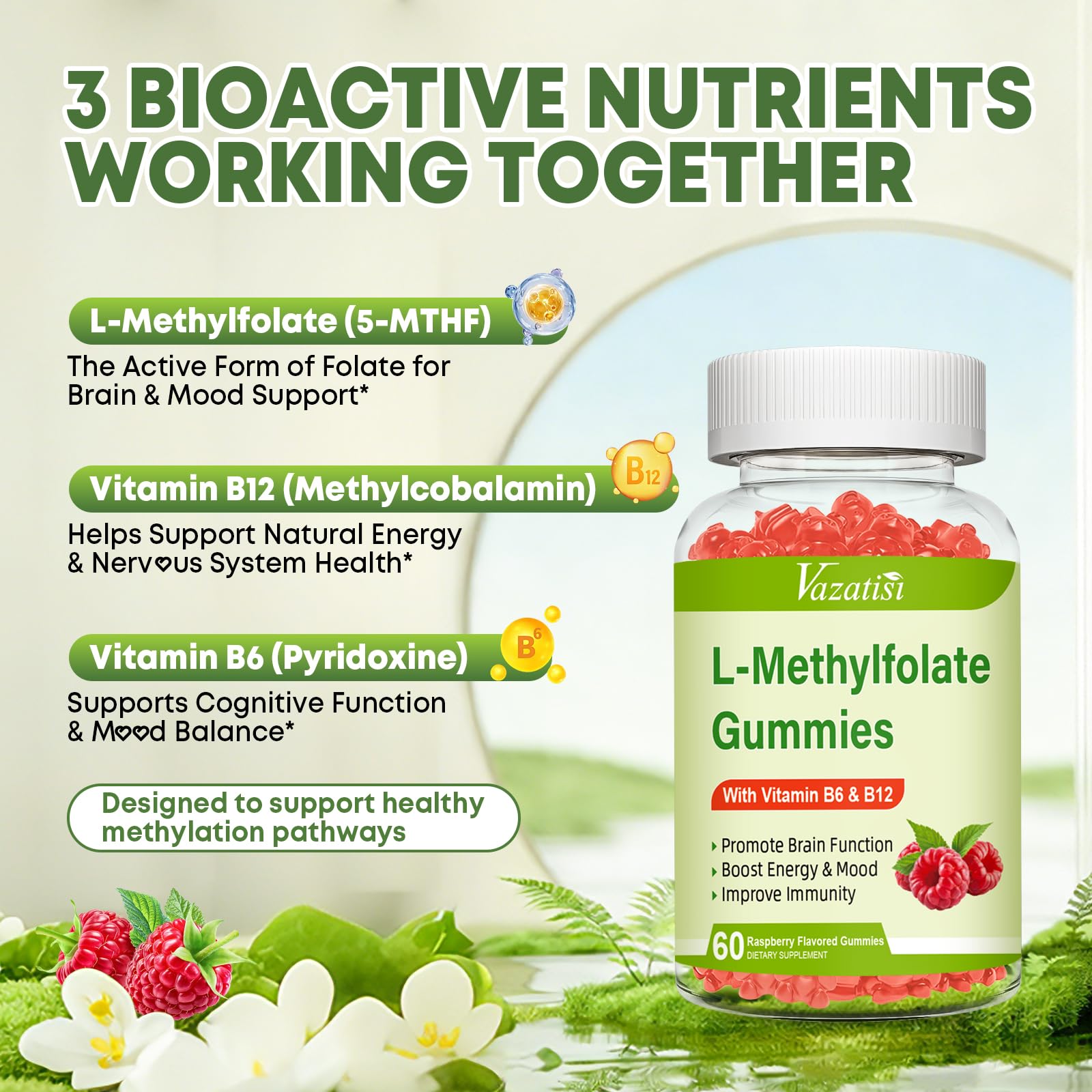 Vazatisi L-Methylfolate dietary supplement back label showing supplement facts and active B vitamins