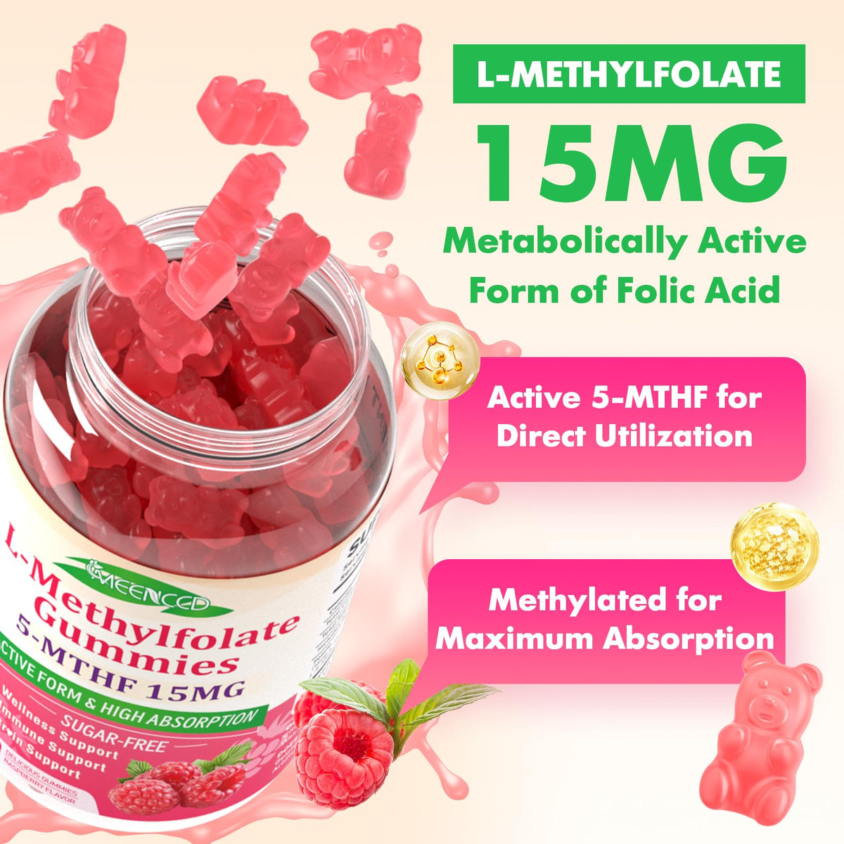 Pectin based vegan friendly supplement chews by MEENCCD showing gelatin free texture.