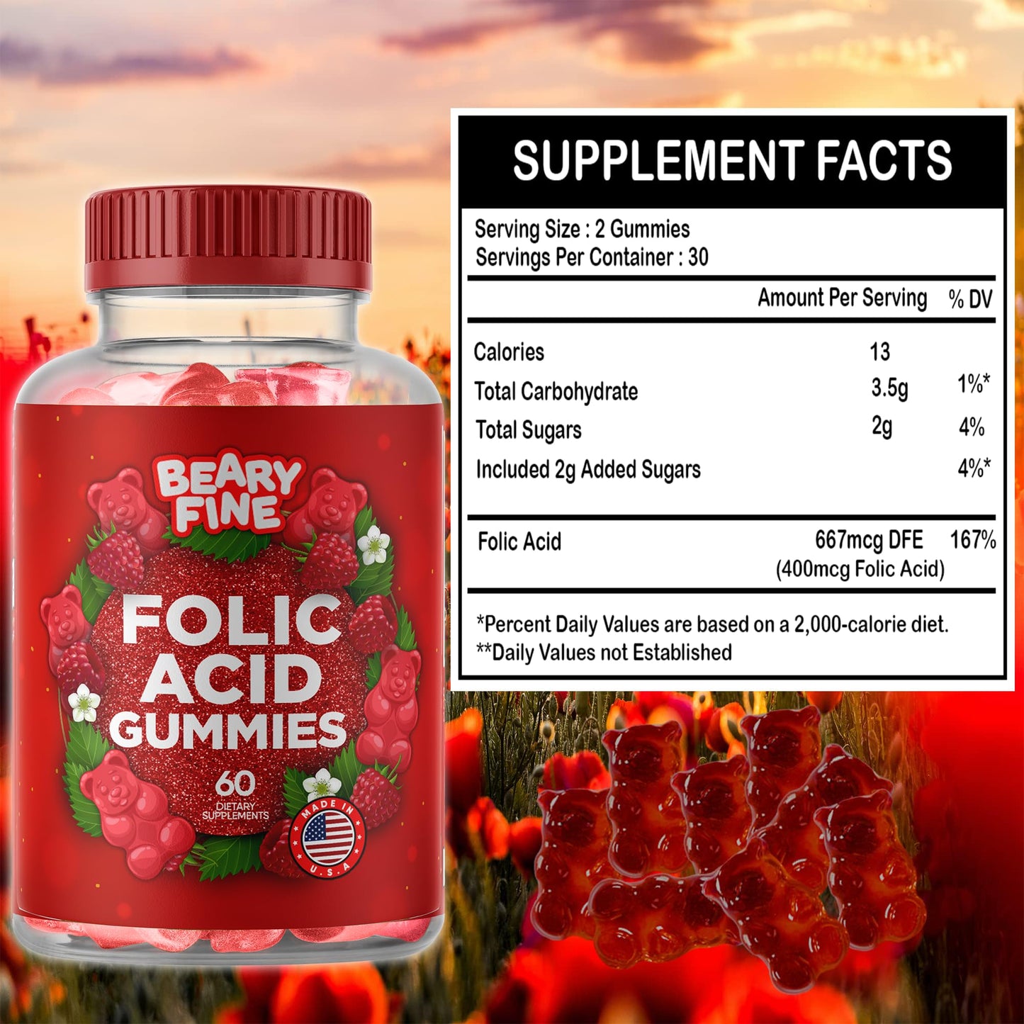 Beary Fine Vitamin B9 pregnancy supplement 60 count container showing nutritional facts label