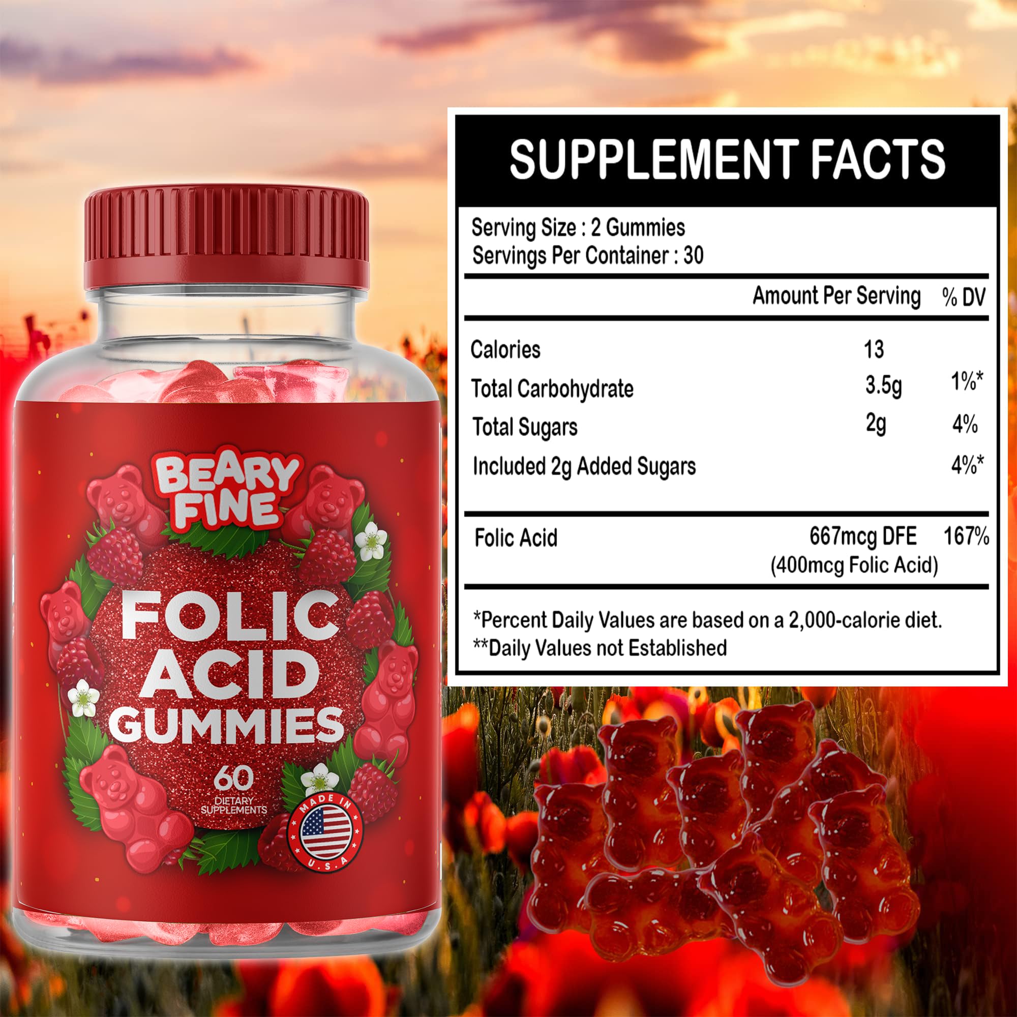 Beary Fine Vitamin B9 pregnancy supplement 60 count container showing nutritional facts label