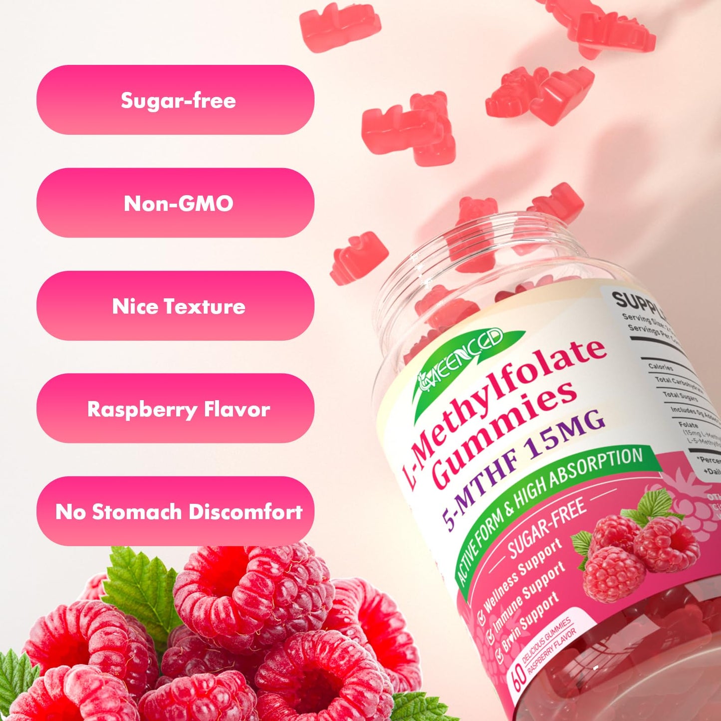 Nutritional facts panel for MEENCCD 60 count dietary wellness chewable gummies.