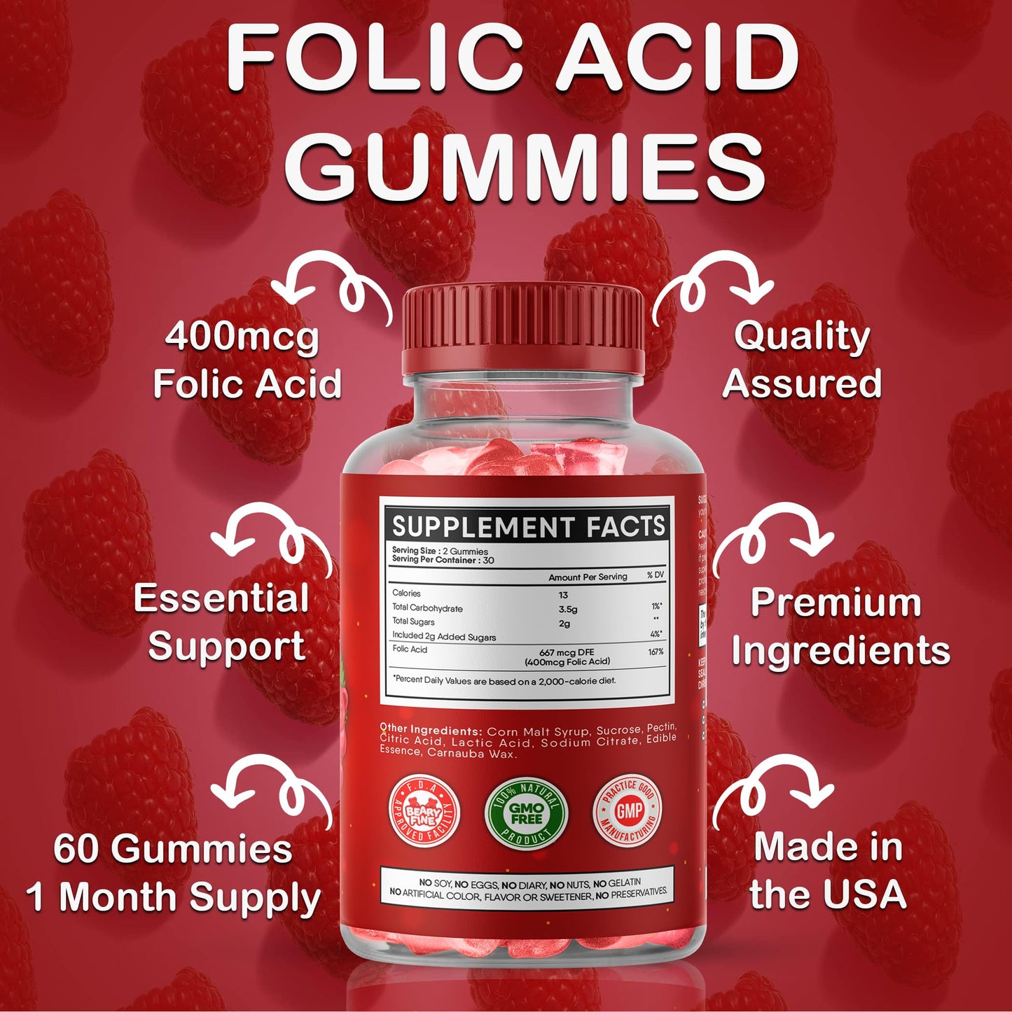 Chewable raspberry flavored prenatal folic acid gummies displayed next to the product packaging