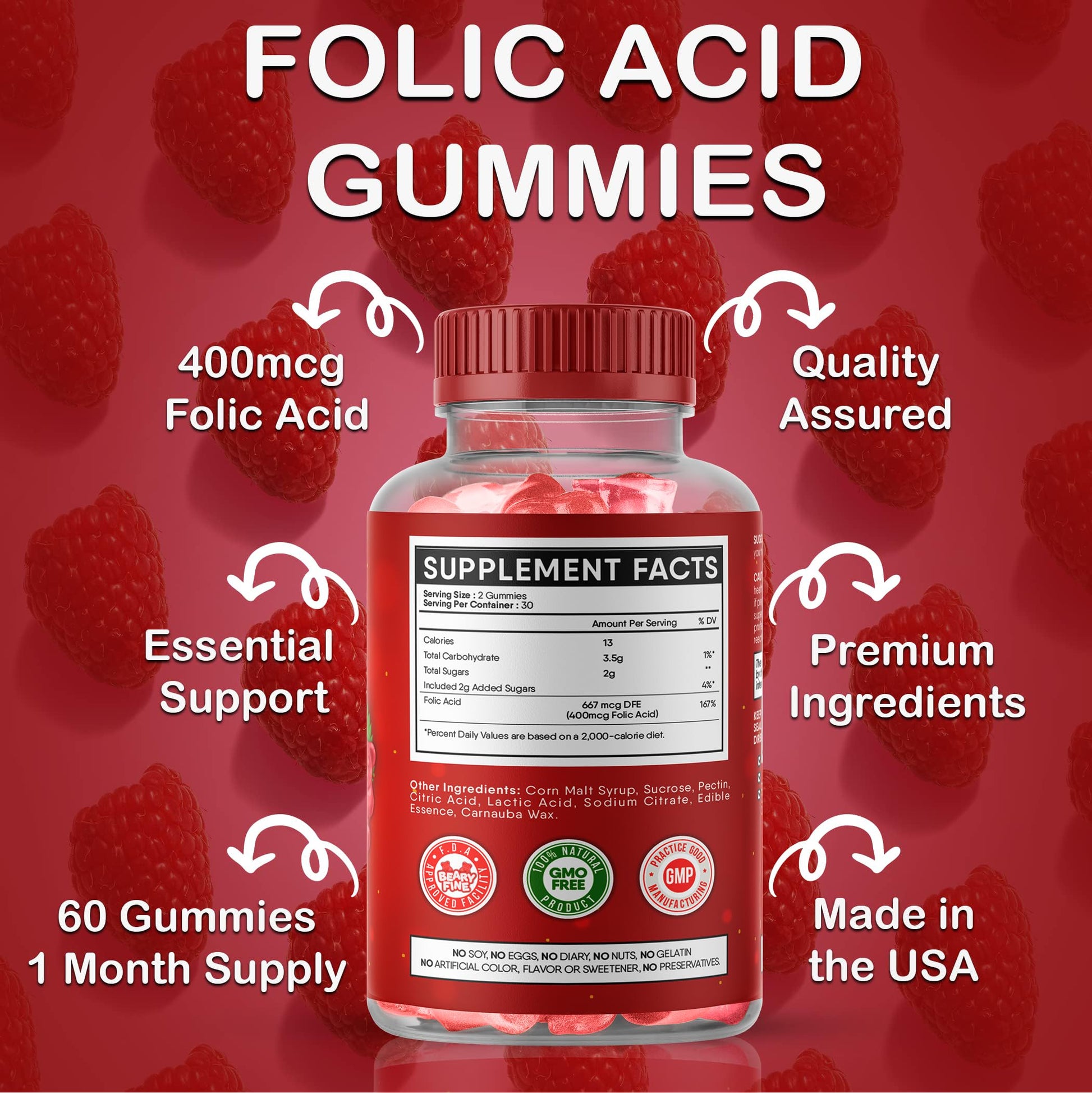 Chewable raspberry flavored prenatal folic acid gummies displayed next to the product packaging
