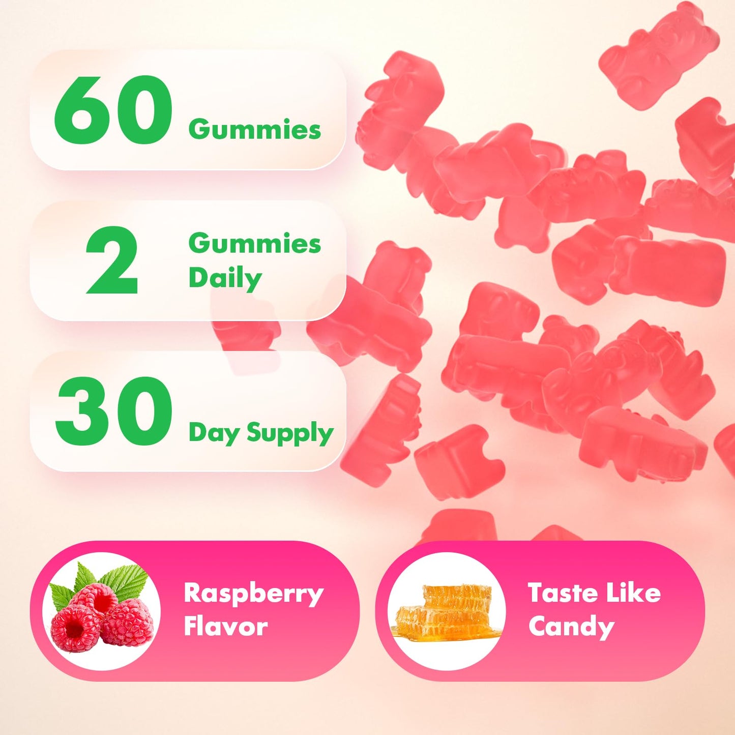 Close up view of the natural raspberry colored sugar free supplements for cognitive health.