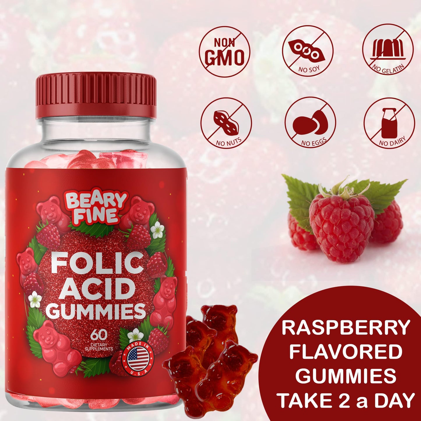 Beary Fine Folic Acid 60 gummies container showcasing premium prenatal support formulation details