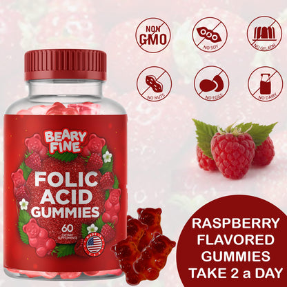 Beary Fine Folic Acid 60 gummies container showcasing premium prenatal support formulation details