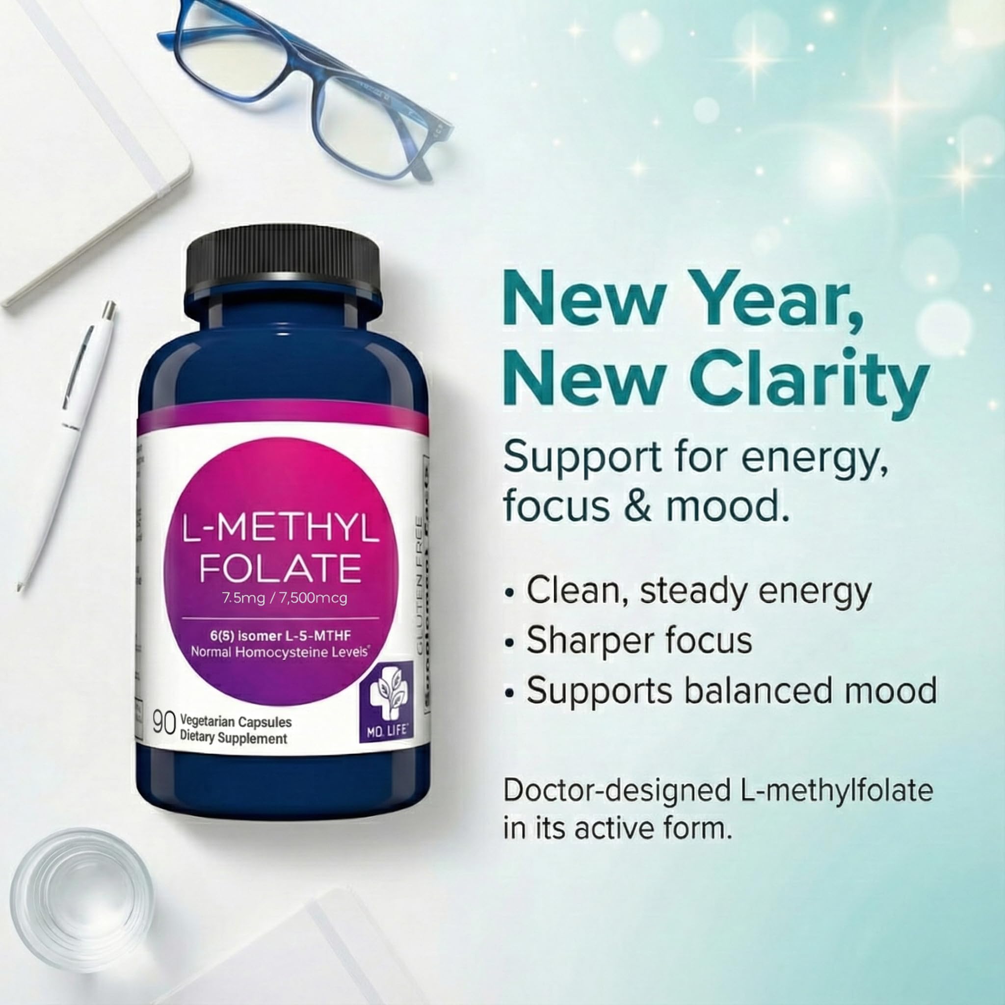 Side angle of MD.LIFE active folate supplement highlighting professional strength and active vitamin B9 benefits.