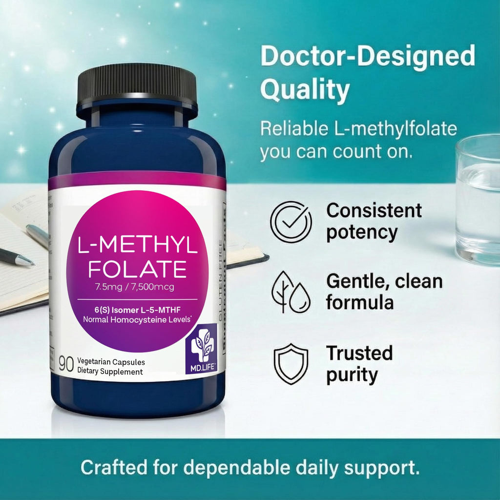 Close up view of the small easy to swallow vegan capsules next to the MD.LIFE active methylfolate container.