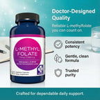 Close up view of the small easy to swallow vegan capsules next to the MD.LIFE active methylfolate container.