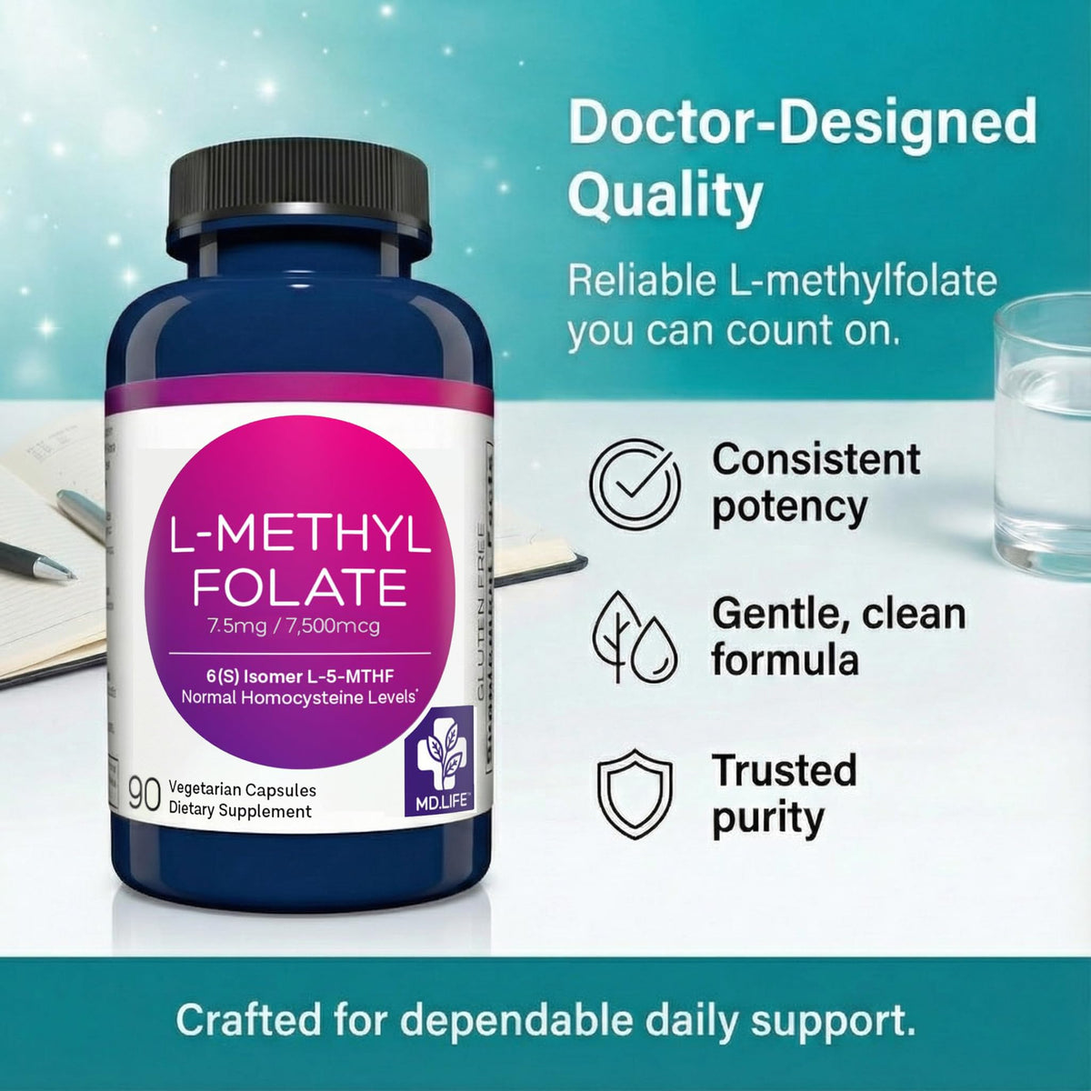Close up view of the small easy to swallow vegan capsules next to the MD.LIFE active methylfolate container.