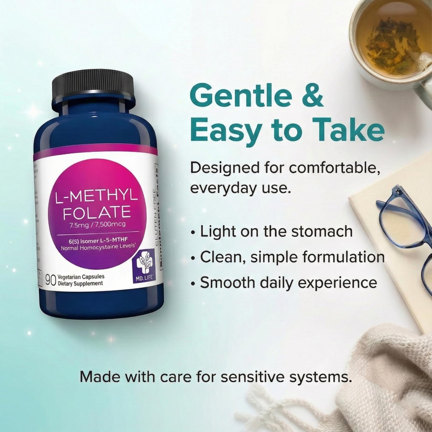 Top view of the secure bottle cap and seal of MD.LIFE premium dietary supplement for cellular absorption.