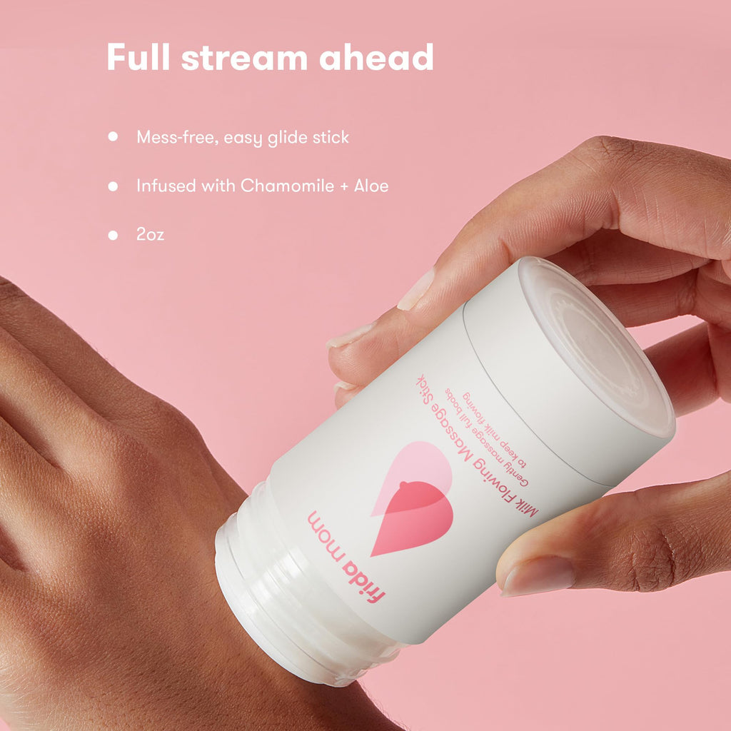 Back view of Frida Mom breast massage stick with application instructions