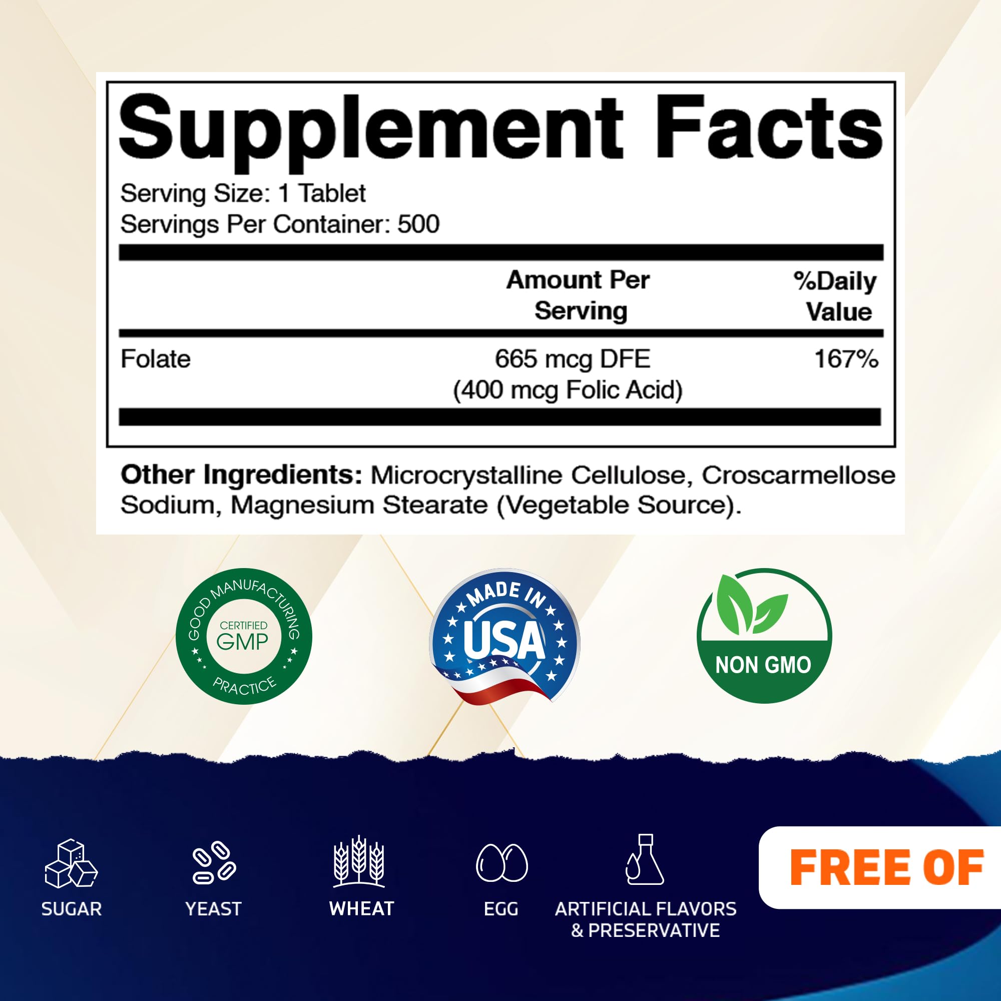 Vitamatic Vitamin B9 500 vegetarian tablets supplement facts label