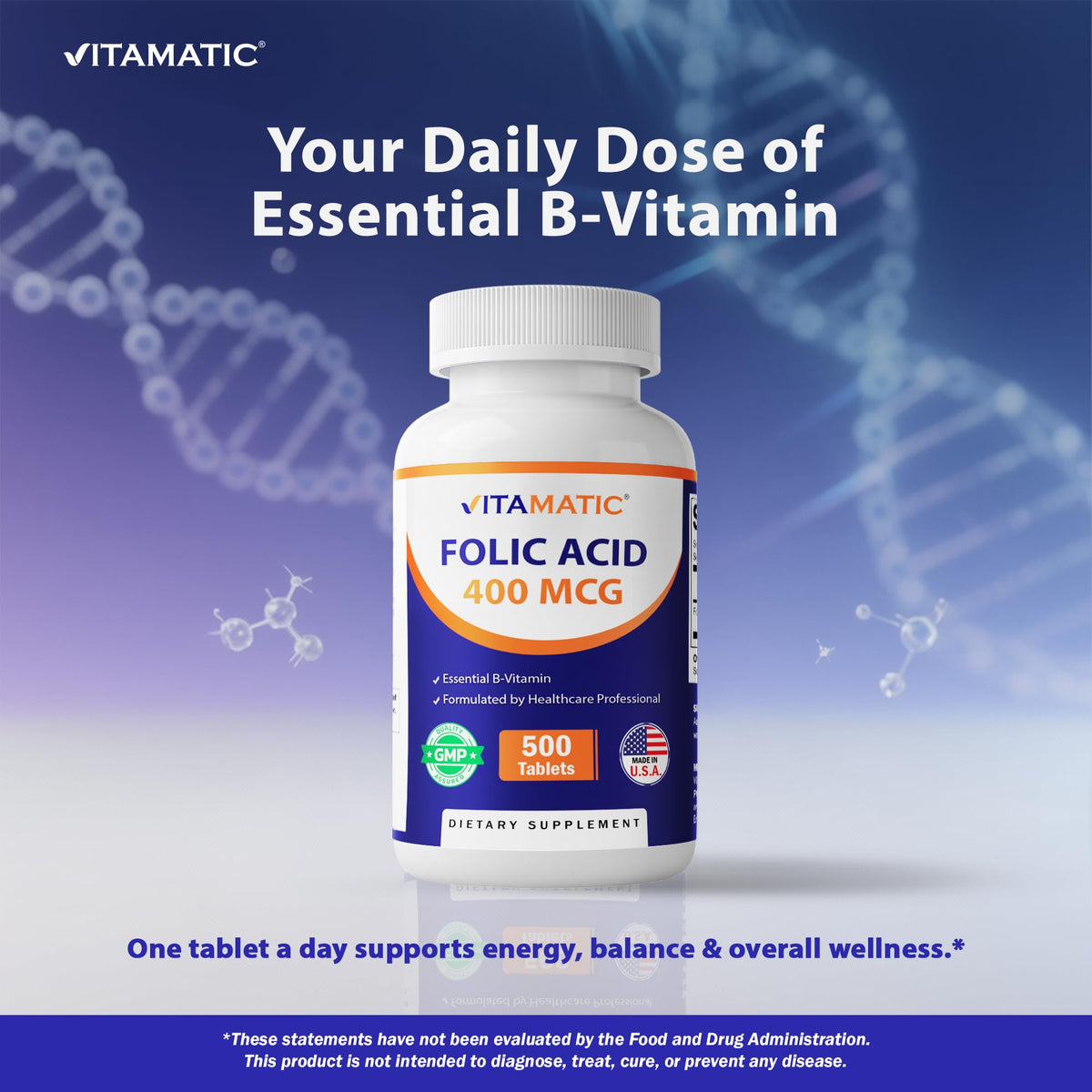 Vitamatic Folic Acid 500 tablets bottle side panel dietary information