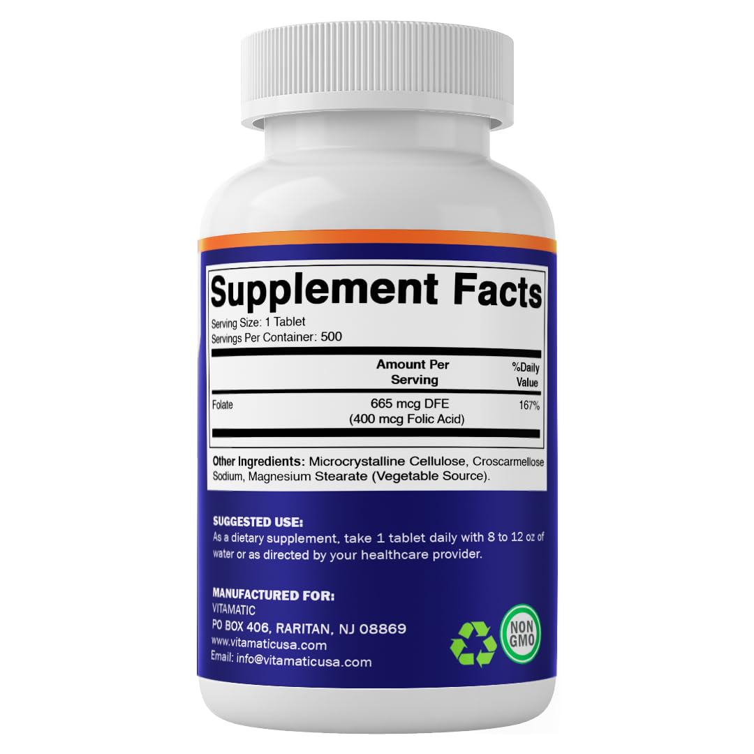 Vitamatic Folic Acid 400mcg dietary supplement bottle showing allergen free claims