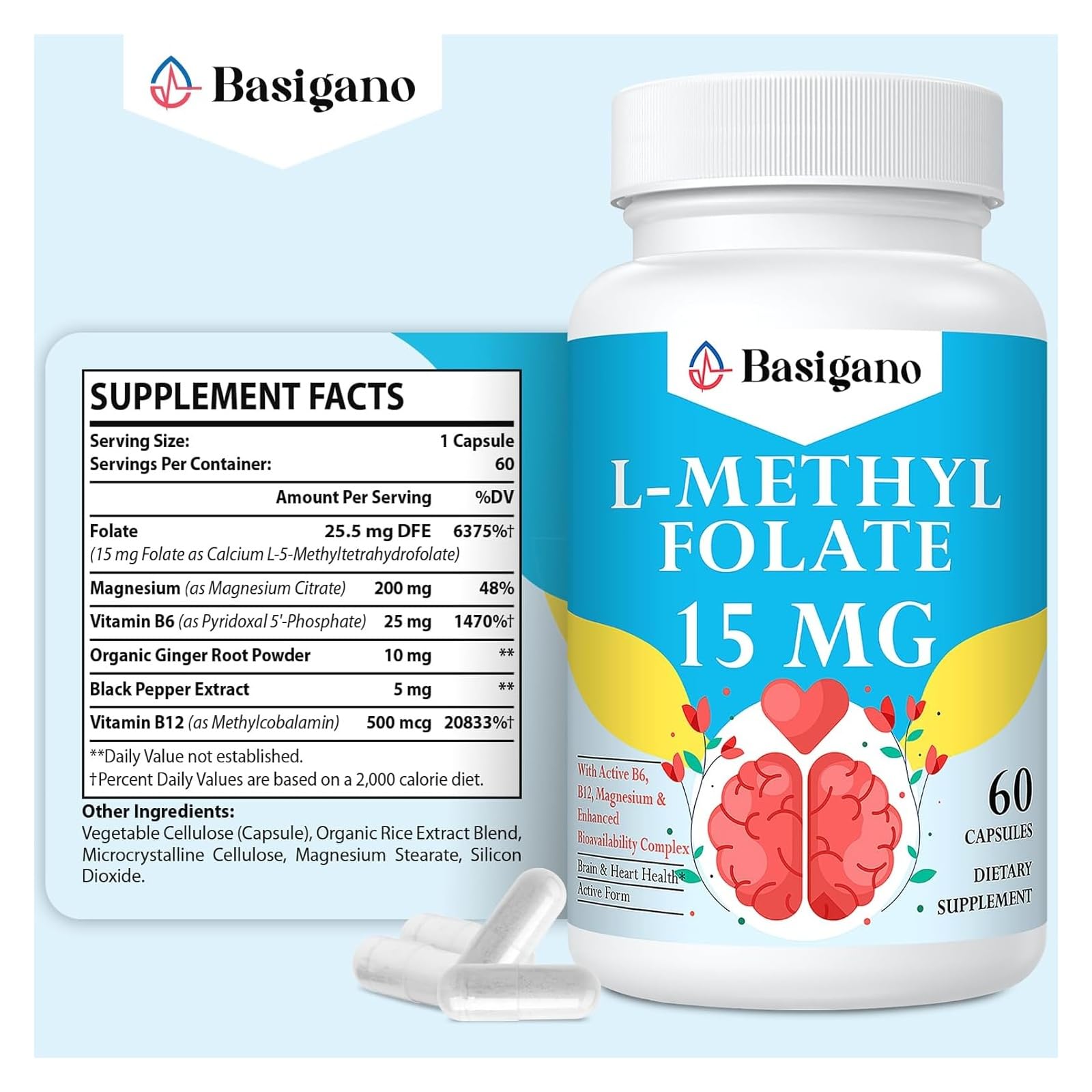Basigano active folic acid 5-MTHF dietary supplement nutrition facts label view