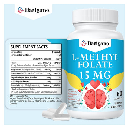 Basigano active folic acid 5-MTHF dietary supplement nutrition facts label view
