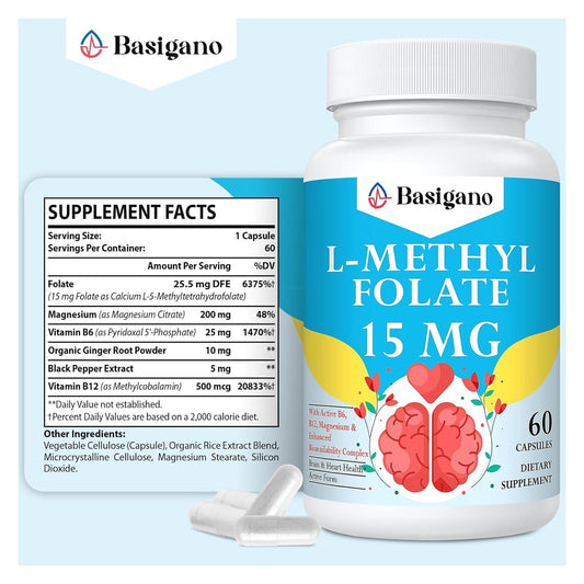 Basigano active folic acid 5-MTHF dietary supplement nutrition facts label view