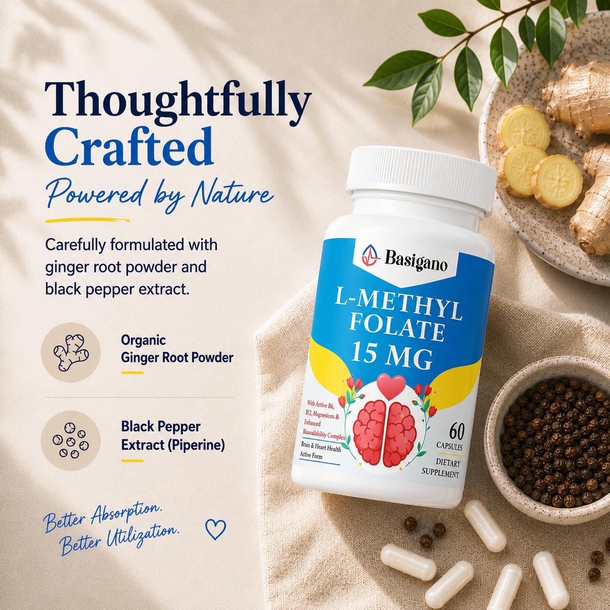 Basigano non-GMO gluten-free daily health supplement bottle showing capsule quantity