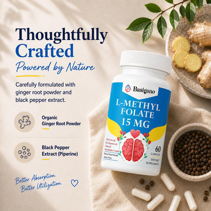 Basigano non-GMO gluten-free daily health supplement bottle showing capsule quantity
