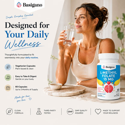 Basigano L-Methylfolate active folate lifestyle presentation showing easy to swallow veggie caps