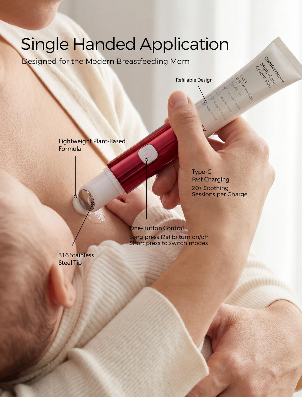 Momcozy ComfortNip device showing the steel applicator head