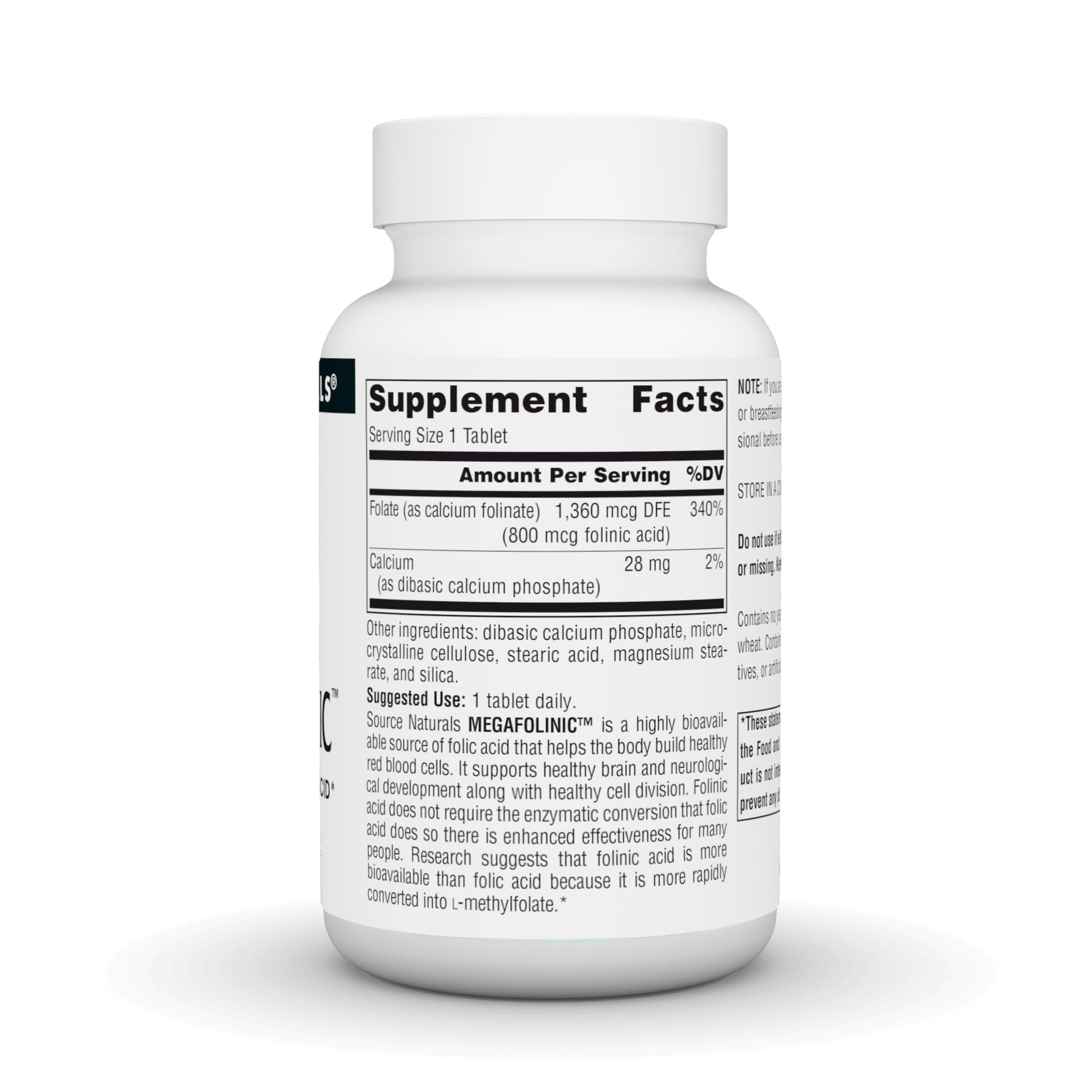 Side angle view of Source Naturals MegaFolinic dietary supplement showcasing clear ingredient values and serving instructions
