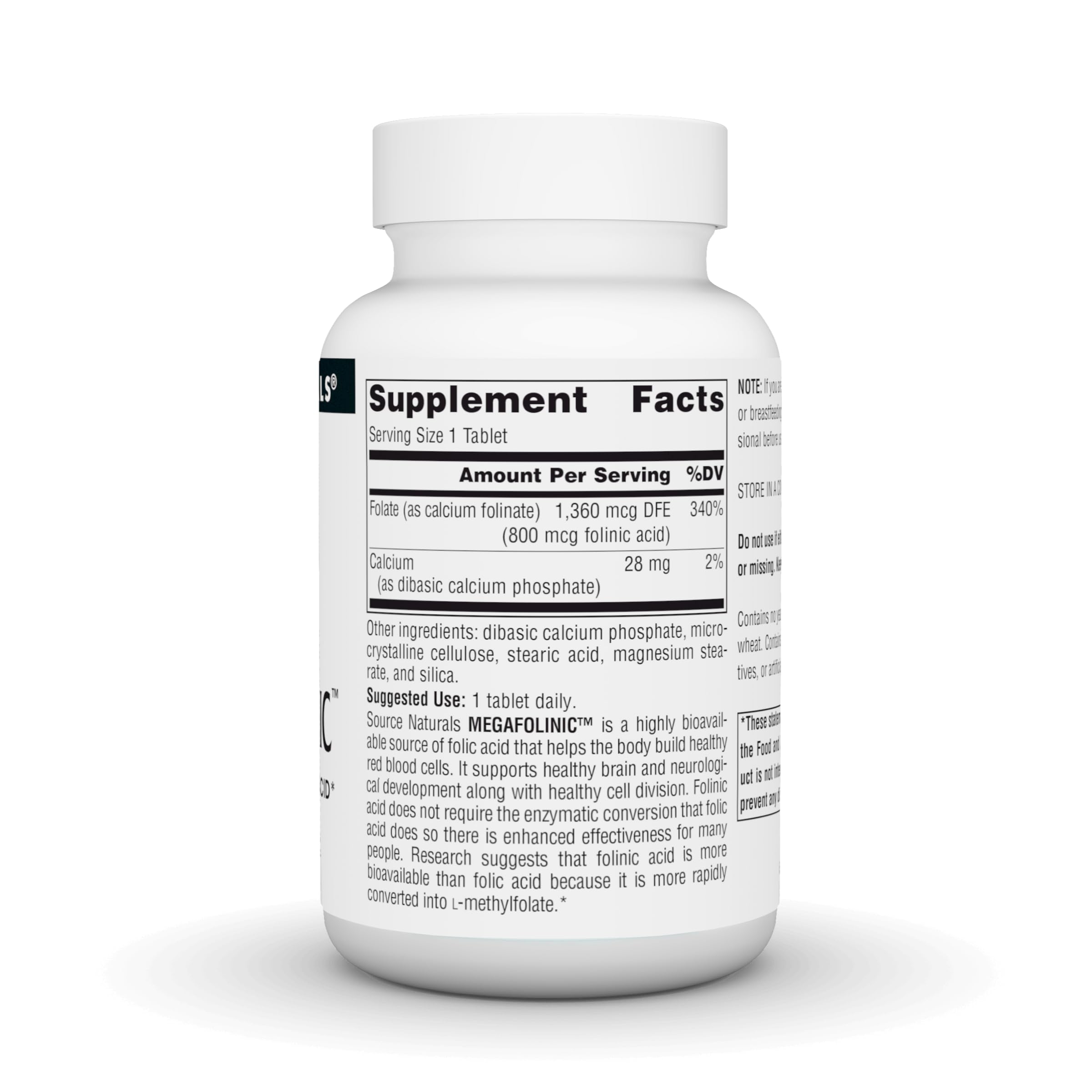 Side angle view of Source Naturals MegaFolinic dietary supplement showcasing clear ingredient values and serving instructions