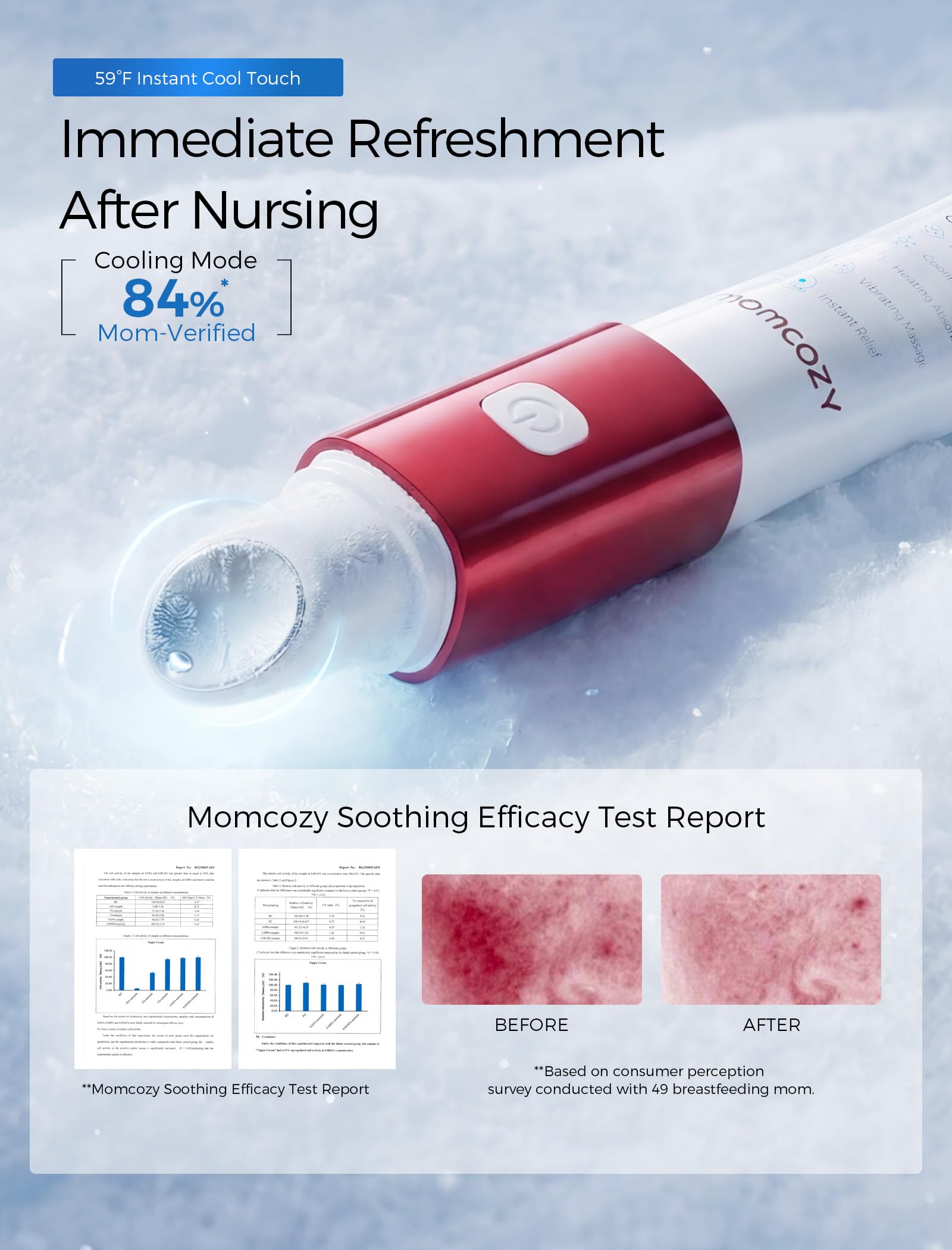 Hand holding Momcozy ComfortNip pen for breastfeeding relief