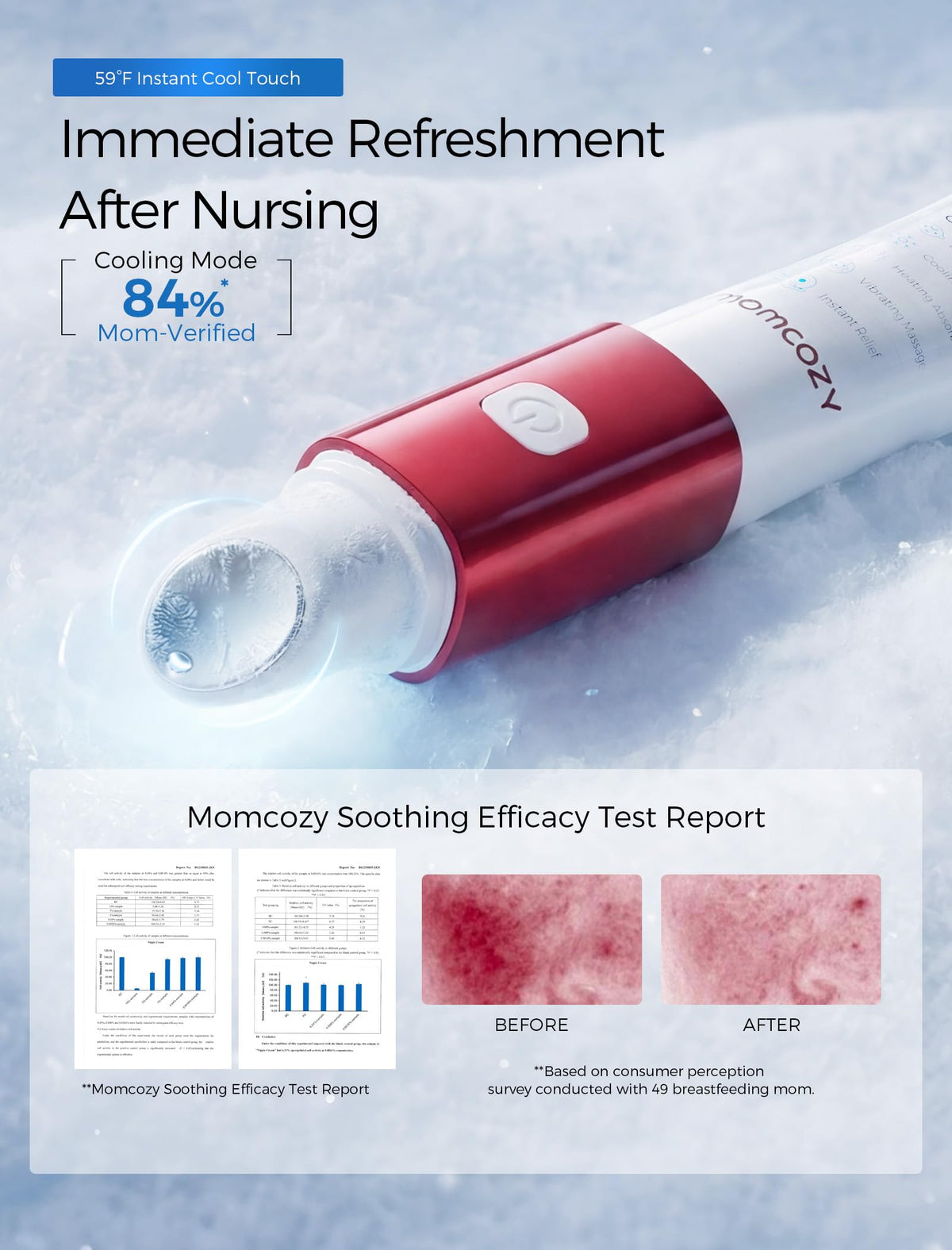 Hand holding Momcozy ComfortNip pen for breastfeeding relief