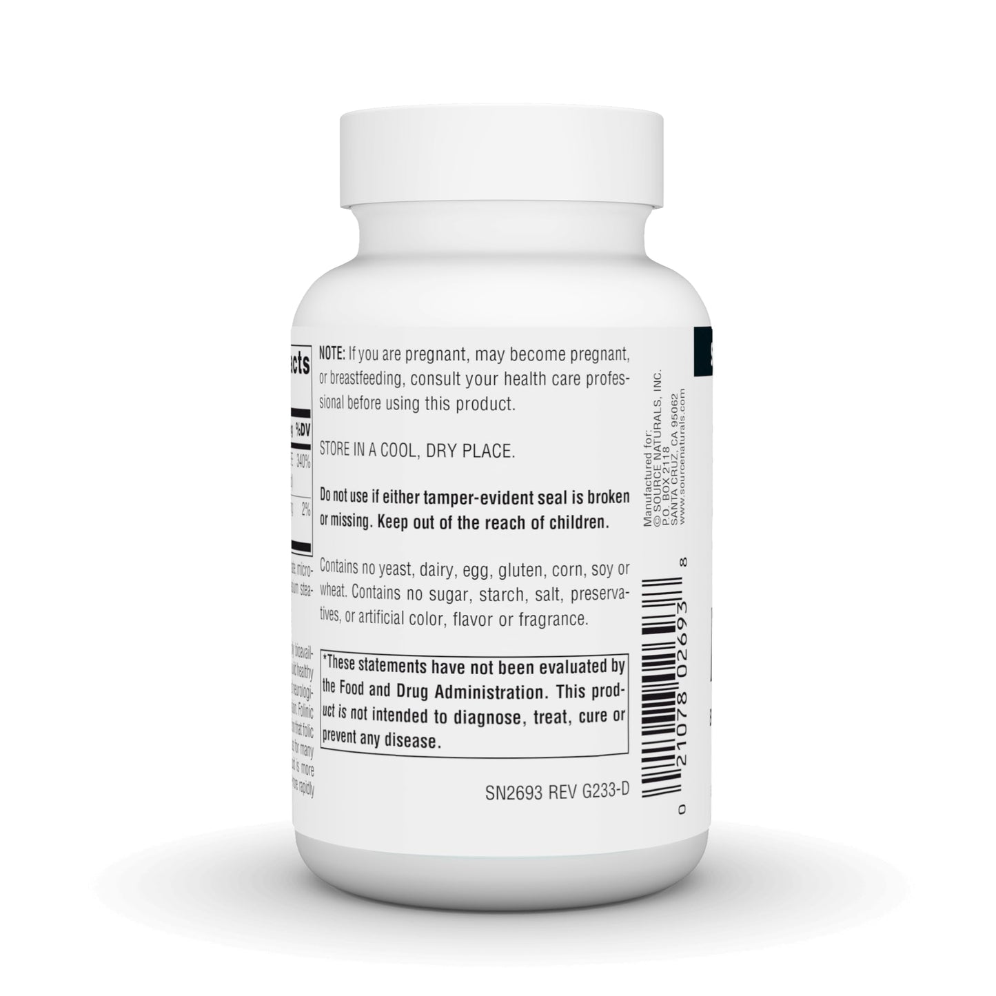 Back label of Source Naturals MegaFolinic 240 tablets outlining the vegetarian and hypoallergenic product features