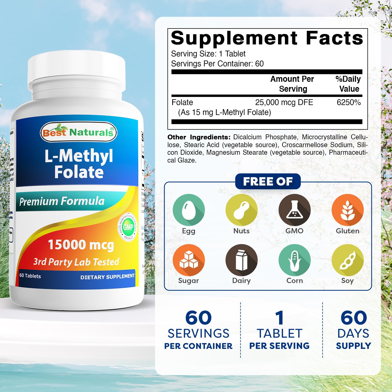 Best Naturals L-Methyl Folate 15000 mcg supplement label details listing ingredients and third-party laboratory testing verification