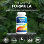 Best Naturals Methyl Folate 5-MTHF tablets showing dietary profile including gluten-free and vegetarian friendly icons