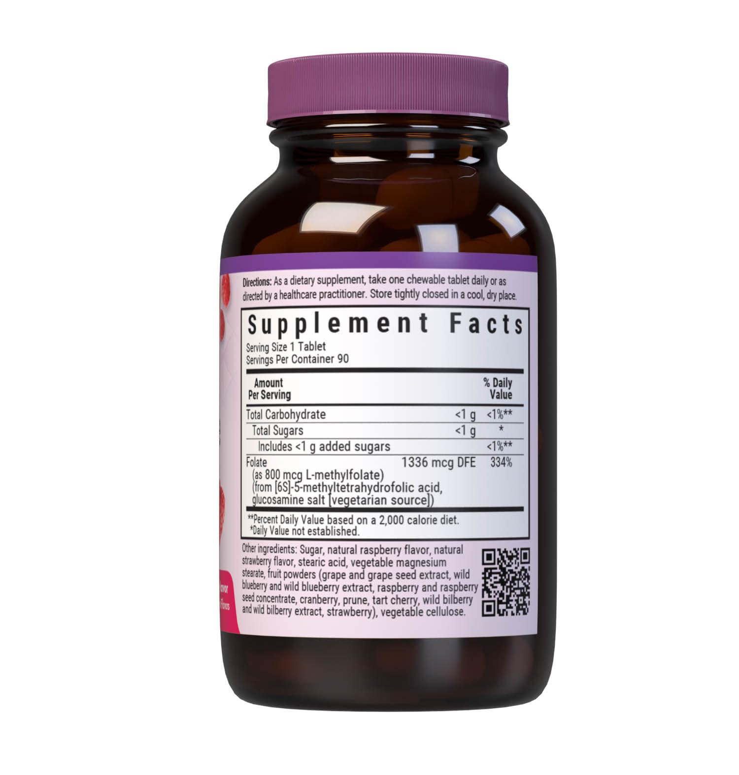 Bluebonnet Nutrition active L-methylfolate raspberry chewable tablets nutrition facts and supplement panel