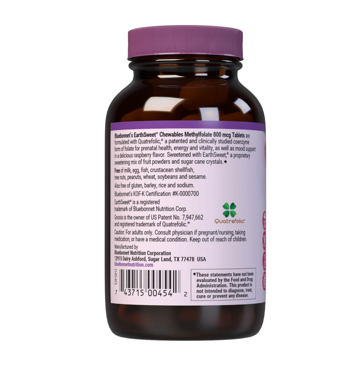 Side view of Bluebonnet EarthSweet 90 tablets packaging displaying vegan and gluten-free certifications