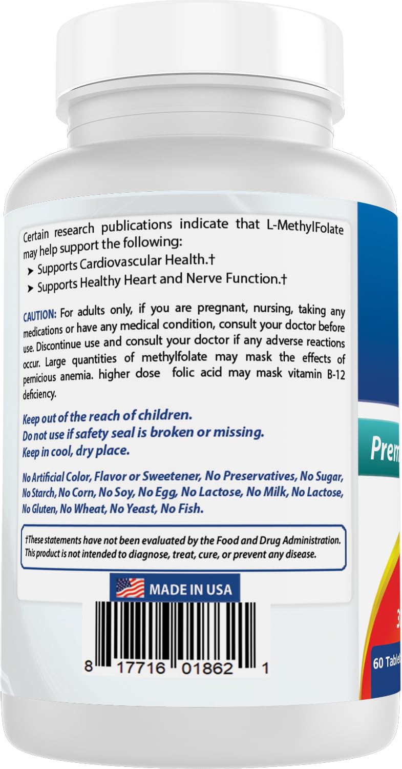 Close-up view of Best Naturals Methyl Folate product packaging detailing recommended daily dosage instructions and warnings