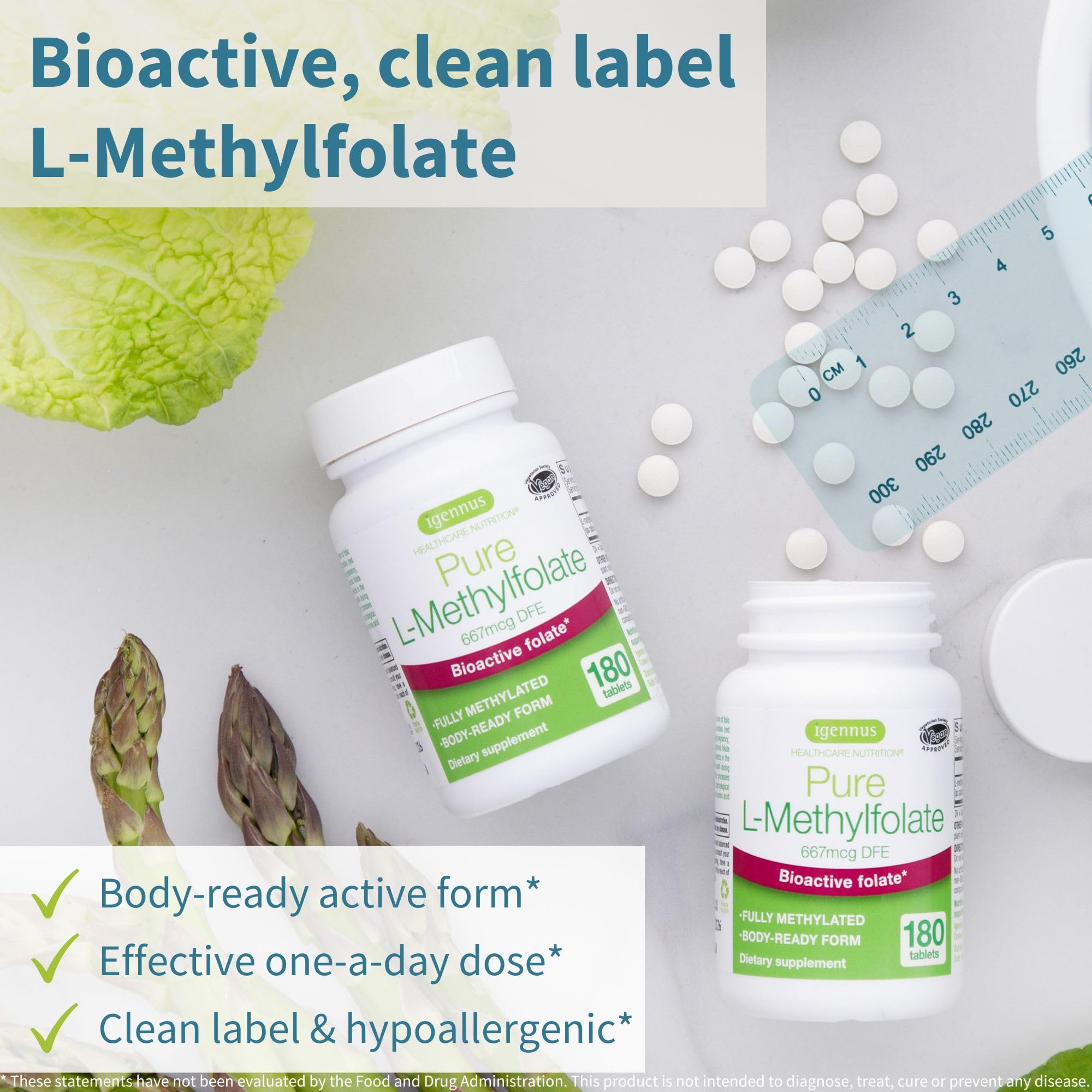 Igennus Pure L-Methylfolate 180 small tablets premium packaging detailing 5-MTHF form of Vitamin B9
