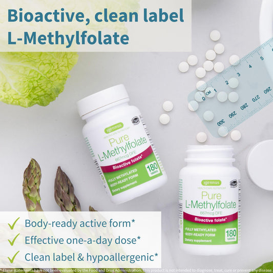 Igennus Pure L-Methylfolate 180 small tablets premium packaging detailing 5-MTHF form of Vitamin B9
